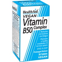 Health Aid Vegan Vitamin B50 Complex 30tabs - Συμπλήρωμα Διατροφής Συμπλέγματος Βιταμινών Β σε Ταμπλέτες Βραδείας Αποδέσμευσης για τη Φυσιολογική Λειτουργία του Νευρικού Συστήματος, Ενέργεια Κατά της Κόπωσης & Υγιή Μαλλιά Νύχια & Δέρμα