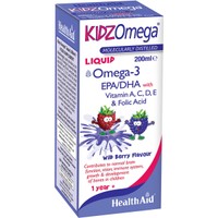 Health Aid KIDZ Omega Liquid 200ml - Συμπλήρωμα Διατροφής Ωμέγα 3 & Βιταμινών σε Πόσιμο Υγρό για τη Σωστή Ανάπτυξη & Λειτουργία του Εγκεφάλου & της Όρασης για Παιδιά με Γεύση Βατόμουρο