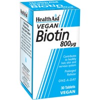 Health Aid Vegan Biotin 800μg 30tabs - Συμπλήρωμα Διατροφής Βιοτίνης (Βιταμίνης Β7) Βραδείας Αποδέσμευσης Φυτικής Προέλευσης για την Καλή Υγεία των Μαλλιών & του Δέρματος