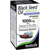 Health Aid Black Seed Oil 1000mg 60caps - Συμπλήρωμα Διατροφής με Έλαιο Μαύρου Κύμινου Ψυχρής Έκθλιψης, Βιταμίνες C, D & Ψευδάργυρο για την Ενίσχυση της Φυσιολογικής Λειτουργίας του Ανοσοποιητικού