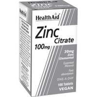 Health Aid Zinc Citrate 100mg 100tabs - Συμπλήρωμα Διατροφής με Κιτρικό Ψευδάργυρο για την Ενίσχυση του Ανοσοποιητοικού Συστήματος & την Καλή Υγεία των Μαλλιών, Νυχιών & Δέρματος