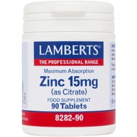 Lamberts Zinc (as Citrate)  15mg, 90tabs - Συμπλήρωμα Διατροφής με Κιτρικό Ψευδάργυρο Υψηλής Απορροφησιμότητας για την Καλή Λειτουργία του Ανοσοποιητικού & Υγιή Μαλλιά, Νύχια & Δόντια
