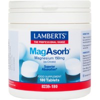 Lamberts MagAsorb 150mg, 180tabs - Συμπλήρωμα Διατροφής Μαγνησίου για την Ανάπτυξη των Οστών, τη Σωστή Λειτουργία Νευρικού Συστήματος & των Μυών