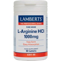 Lamberts L-Arginine HCL 1000mg, 90tabs - Συμπλήρωμα Διατροφής Αργινίνης για την Καλή Λειτουργία του Κυκλοφορικού, Αντιμετώπιση Τραυματισμών & Βελτίωση Ανδρικής Σεξουαλικής Υγείας