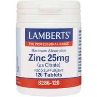 Lamberts Zinc (as Citrate) 25mg, 120tabs - Συμπλήρωμα Διατροφής με Κιτρικό Ψευδάργυρο Υψηλής Απορροφησιμότητας για την Καλή Λειτουργία του Ανοσοποιητικού & Υγιή Μαλλιά, Νύχια & Δόντια