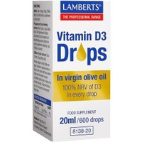 Lamberts Vitamin D3 Drops 20ml/600drops - Συμπλήρωμα Διατροφής Βιταμίνης D3 για την Καλή Υγεία των Οστών & Δοντιών, Βελτίωση της Διάθεσης, Διαλυμένη σε Έξτρα Παρθένο Ελαιόλαδο σε Σταγόνες