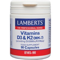 Lamberts Vitamins D3 2000iu & K2 90µg 90caps - Συμπλήρωμα Διατροφής Βιταμίνης D3 & Κ2 (MK-7) Φυσικής Προέλευσης, Υψηλής Ποιότητας για την Υποστήριξη των Οστών & του Ανοσοποιητικού Συστήματος