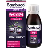 Galenica Sambucol Black Elderberry for Kids + Vitamin C Liquid Formula 120ml - Συμπλήρωμα Διατροφής σε Μορφή Σιροπιού για Παιδιά με Βιταμίνη C & Μαύρο Σαμπούκο για την Ενίσχυση του Ανοσοποιητικού με Ευχάριστη Γεύση