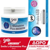 Smile Promo L-Glutamine Plus 250gr & Δώρο Probio 45B 20caps (2x10caps) - Συμπλήρωμα Διατροφής Γλουταμίνης, Βιταμίνης Β1 & 12 Διαφορετικών Προβιοτικών Στελεχών Υψηλής Ισχύος για την Καλή Λειτουργία του Εγκεφάλου, Αύξηση Μυϊκής Μάζας & Υποστήριξη της Λειτουργίας του Πεπτικού Συστήματος σε Σκόνη