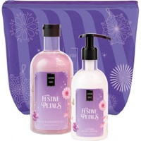 Lavish Care Promo Festive Petals Bath & Shower Gel 500ml & Glitter Body Lotion 300ml & Νεσεσέρ 1 Τεμάχιο - Αρωματικό Αφρόλουτρο & Κρέμα Σώματος με Αντλία & Glitter με Ευχάριστο Συνδυασμό Αρωμάτων Λουλουδιών με Νότες Βατόμουρου & Βανίλιας, με Γιορτινή Διάθεση