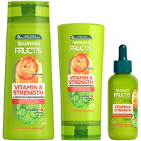 Garnier Fructis Πακέτο Προσφοράς Vitamin & Strength Shampoo 400ml & Conditioner 200ml & Hair Serum 125ml - Σαμπουάν & Conditioner & Ορός για Αδύναμα Μαλλιά με Τάση Τριχόπτωσης Λόγω Σπασίματος