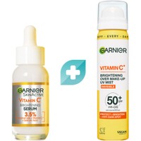 Garnier Promo Skinactive Vitamin C Glow Booster 30ml & Brightening Over Make Up Invisible UV Mist Spf50+, 75ml - Ορός Λάμψης Προσώπου με Βιταμίνη C, Νιασιναμίδη & Σαλικυλικό Οξύ & Σπρέι Προσώπου Πολύ Υψηλής Προστασίας