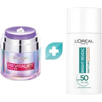 L'Oreal Paris Promo Revitalift Filler Hyaluronic Plumping Water-Cream 50ml & Bright Reveal Tinted Glow Daily Fluid Spf50, 50ml - Ενυδατική Κρέμα Ημέρας με Υαλουρονικό Οξύ για Επανόρθωση Όγκου & Καθημερινή Κρέμα Προστασίας με Χρώμα Υψηλής Προστασίας
