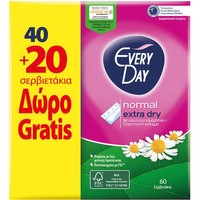 Every Day Promo Normal Extra Dry 40 Τεμάχια & Δώρο Επιπλέον 20 Τεμάχια - Ανατομικά Σερβιετάκια Κανονικού Μήκους για Καθημερινή Προστασία, Άνεση & Σιγουριά με Εκχύλισμα Χαμομηλιού