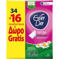 Every Day Promo Large Extra Dry 34 Τεμάχια & Δώρο Επιπλέον 16 Τεμάχια - Ανατομικά Σερβιετάκια 15% Μεγαλύτερα για Καθημερινή Προστασία, Άνεση & Σιγουριά με Εκχύλισμα Χαμομηλιού