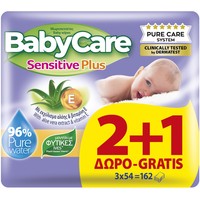 BabyCare Sensitive Plus Baby Wipes 2+1 Δώρο, 162 Τεμάχια (3x54 Τεμάχια) - Μωρομάντηλα με Εκχύλισμα Αλόης & Βιταμίνη Ε