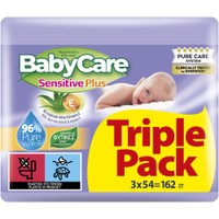 BabyCare Sensitive Plus Baby Wipes Triple Pack 162 Τεμάχια (3x54 Τεμάχια) - Μωρομάντηλα για τον Απαλό Καθημερινό Καθαρισμό του Βρεφικού Δέρματος με Εκχύλισμα Αλόης & Βιταμίνης Ε