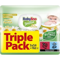 Babylino Sensitive 0% Perfume Baby Wipes Triple Pack 162 Τεμάχια (3x54 Τεμάχια) - Μωρομάντηλα με Ίνες Φυτικής Προέλευσης & Εκχύλισμα Χαμομηλιού, Ιδανικά για Ευαίσθητο Δέρμα Χωρίς Άρωμα με Καπάκι