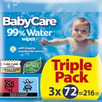 BabyCare 99% Water Baby Wipes Triple Pack 216 Τεμάχια (3x72 Τεμάχια) - Μωρομάντηλα με 99% Νερό & Βιολογικό Εκχύλισμα Χαμομηλιού, Ιδανικά για Ευαίσθητο Δέρμα