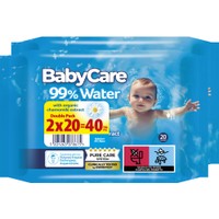 BabyCare 99% Water Baby Wipes 40 Τεμάχια (2x20 Τεμάχια) - Μωρομάντηλα με 99% Νερό & Βιολογικό Εκχύλισμα Χαμομηλιού, Ιδανικά για Ευαίσθητο Δέρμα
