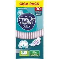 Every Day Sensitive with Cotton Normal Ultra Plus Giga Pack 30 Τεμάχια - Κανονικού Μήκους Λεπτές Σερβιέτες, με Φτερά Προστασίας & Βαμβάκι για Μέγιστη Απορρόφηση Κατά των Ερεθισμών