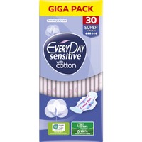 Every Day Sensitive with Cotton Super Ultra Plus Giga Pack 30 Τεμάχια - Μεγάλου Μήκους Λεπτές Σερβιέτες, με Φτερά Προστασίας & Βαμβάκι για Μέγιστη Απορρόφηση Κατά των Ερεθισμών