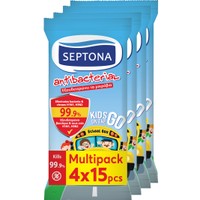 Septona Antibacterial Kids On The Go Wet Wipes 60 Τεμάχια (4x15 Τεμάχια) - Υγρά Μαντηλάκια Χεριών για Παιδιά με Οινόπνευμα Κατά των Βακτηρίων & των Ιών