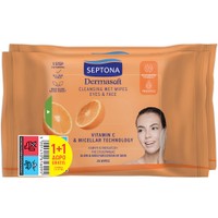 Septona Promo Dermasoft Vitamin C & Miccelar Cleansing Wet Wipes Eyes & Face 40 Τεμάχια (2x20 Τεμάχια) - Μαντηλάκια Ντεμακιγιάζ Προσώπου, Ματιών με Βιταμίνη C & Μυκηλιακή Τεχνολογία για Όλους τους Τύπους Επιδερμίδας με Άρωμα Πορτοκάλι