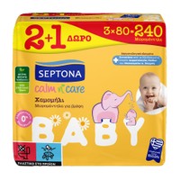 Septona Calm n' Care Baby Wipes Chamomille 240 Τεμάχια (3x80 Τεμάχια) - Απαλά Μωρομάντηλα με Χαμομήλι & Ίνες Φυτικής Προέλευσης, σε Οικονομική Συσκευασία