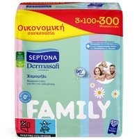 Septona Dermasoft Baby Wipes Chamomille Family 300 Τεμάχια (3x100 Τεμάχια) - Απαλά Μωρομάντηλα με Χαμομήλι, Ίνες Φυτικής Προέλευσης & 96% Νερό, σε Οικογενειακή Συσκευασία