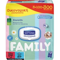 Septona Dermasoft Baby Wipes Chamomille Family 300 Τεμάχια (3x100 Τεμάχια) - Απαλά Μωρομάντηλα με Χαμομήλι, Ίνες Φυτικής Προέλευσης & 96% Νερό, σε Οικογενειακή Συσκευασία