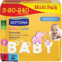 Septona Multi Pack Calm n' Care Chamomile Baby Wipes 240 Τεμάχια (3x80 Τεμάχια) - Βρεφικά Μωρομάντηλα με Εκχύλισμα Χαμομηλιού & Βιταμίνη Ε για Απαλό Καθαρισμό