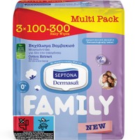Septona Family Dermasoft with Cotton Extract Wet Wipes 300 Τεμάχια (3x100 τεμάχια) - Απαλά Μωρομάντηλα για Όλη την Οικογένεια με Εκχύλισμα Βαμβακιού & Εύχρηστο Καπάκι