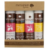 Messinian Spa Promo Organic Olive Oil Shower Gel 55ml & Shampoo 55ml & Body Milk 55ml & Conditioner 55ml - Ενυδατικό Αφρόλουτρο, Σαμπουάν, Γαλάκτωμα Σώματος & Μαλακτική Κρέμα με Έξτρα Παρθένο Ελαιόλαδο