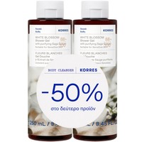 Korres Promo White Blossom Shower Gel 500ml (2x250ml) - Ενυδατικό Αφρόλουτρο Σώματος Λευκά Άνθη με Καθαριστικό Εκχύλισμα Φασκόμηλου για Πουδρένια Αίσθηση στην Επιδερμίδα