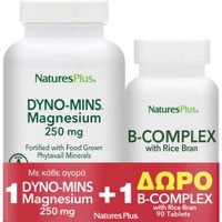 Natures Plus Promo Magnesium Dyno-Mins 250mg, 90tabs & Δώρο Vitamin B-Complex with Rice Bran 90tabs - Συμπλήρωμα Διατροφής με Μαγνήσιο & Πρεβιοτικά για την καλή Υγεία του Νευρικού & Μυϊκού Συστήματος, Οστών & Δοντιών & Δώρο Συμπλήρωμα Διατροφής Συμπλέγματος Βιταμινών B για την Καλή Υγεία του Νευρικού & Ανοσοποιητικού Συστήματος Κατά της Κούρασης