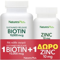 Natures Plus Promo Biotin 10.000μg, 90tabs & Δώρο Zinc 10mg, 90tabs - Συμπλήρωμα Διατροφής με Βιοτίνη & Ψευδάργυρο για την Καλή Υγεία Μαλλιών, Νυχιών & Δέρματος & Ενίσχυση Ανοσοποιητικού