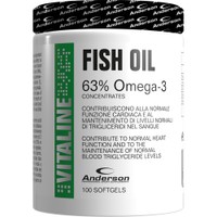 Anderson Vitaline Fish Oil 63% Omega-3, 100 Softgels - Συμπλήρωμα Διατροφής Συμπυκνωμένου Ιχθυέλαιου Πλούσιο σε Ωμέγα 3 Λιπαρά Οξέα για τη Φυσιολογική Λειτουργία της Καρδίας, Εγκεφάλου & Όρασης & τον Έλεγχο της Χοληστερίνης