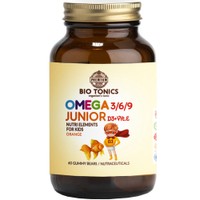 Bio Tonics Junior Omega 3/6/9 with Vitamin D3 & E 60 Ζελεδάκια - Συμπλήρωμα Διατροφής με Ωμέγα 3/6/9 Λιπαρά Οξέα & Βιταμίνες D3 & E για Σωστή Ανάπτυξη Εγκεφάλου, Όρασης, Καρδίας & Ενίσχυση του Ανοσοποιητικού για Παιδιά από 3 Ετών με Γεύση Πορτοκάλι