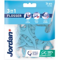 Jordan Flosser 3in1 With Fluoride Protection & Designed Not Shred Or Break 36 Τεμάχια - Οδοντικό Νήμα με Λαβή για Καθαρισμό Ανάμεσα στα Δόντια & Καθαριστή Γλώσσας σε Γαλάζιο Χρώμα