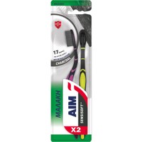 AIM Promo SensiSoft Charcoal Antibacterial Toothbrush 2 Τεμάχια - Ρόζ / Κίτρινο - Μαλακή Οδοντόβουρτσα με Ίνες Εμποτισμένες με Ιόντα Αργύρου που Βοηθούν στη Μείωση της Ανάπτυξης των Βακτηρίων