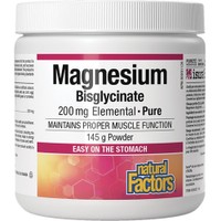 Natural Factors Magnesium Bisglycinate 200mg, 145g - Συμπλήρωμα Διατροφής Μαγνησίου Δισγλυκινικής Μορφής Υψηλής Βιοδιαθεσιμότητας Ήπιο στο Στομάχι που Καταπραΰνει το Νευρικό Σύστημα, Βοηθάει στην Ψυχολογία & στην Καλή Υγεία των Οστών & Μυών σε Σκόνη