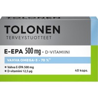 Tolonen E-EPA 500mg & Vitamin D 40caps - Συμπλήρωμα Διατροφής Ιχθυελαίου Πλούσιο σε Ω3 Λιπαρά Οξέα & Βιταμίνη D για την Καλή Λειτουργία του Εγκεφάλου, Καρδιαγγειακού Συστήματος, Οστών Μυών & Ανοσοποιητικού