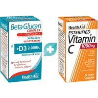 Σετ Health Aid Beta Glucan Complex 30veg.caps & Esterified Vitamin C 1000mg 30veg.tabs - Συμπλήρωμα Διατροφής με Βιταμίνη D3, Σελήνιο & Ψευδάργυρο & Συμπλήρωμα Διατροφής με Βιταμίνη C Εστερικής Μορφής για την Καλή Λειτουργία του Ανοσοποιητικού Συστήματος