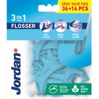 Jordan Promo 3 in 1 Flosser 50 Τεμάχια - Οδοντικό Νήμα με Λαβή για Καθαρισμό Ανάμεσα στα Δόντια & Καθαριστή Γλώσσας σε Γαλάζιο Χρώμα