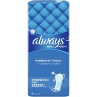 Always Maxi Night Profresh  Pads Size 3, 9 Τεμάχια - Σερβιέτες Μεγάλου Μεγέθους με Τεχνολογία Εξουδετέρωσης Οσμών για Άνεση & Προστασία Όλη τη Νύχτα