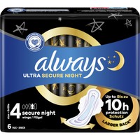 Always Ultra Secure Night Sanitary Towels with Wings Size 4, 6 Τεμάχια - Σερβιέτες με Φτερά για Προστασία Κατά τη Διάρκεια της Νύχτας