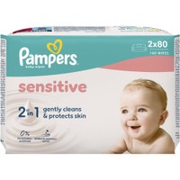 Pampers Sensitive Baby Wipes 160 Τεμάχια (2x80 Τεμάχια) - Απαλά Μωρομάντηλα που Καθαρίζουν & Προστατεύουν το Ευαίσθητο Βρεφικό Δέρμα