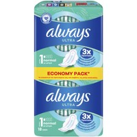 Always Ultra Normal Sanitary Towels with Wings Size 1, 18 Τεμάχια - Σερβιέτες με Φτερά Κανονικού Μεγέθους για Άμεση Απορρόφηση & Εξουδετέρωση Οσμών