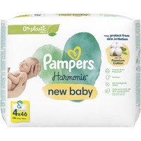 Pampers Harmonie New Baby Wipes 184 Τεμάχια (4x46 Τεμάχια) - Απαλά Υγρά Μαντηλάκια Κατά των Ερεθισμών με Βαμβάκι για Νεογέννητα με Καπάκι